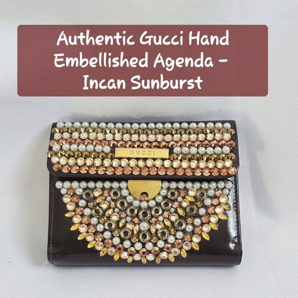 Vintage Gucci Agenda & Wallet, Embellished Pearl Chaos Accessory-Incan Sunburst